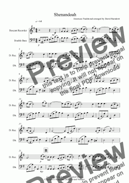 page one of Shenandoah for Descant Recorder and Double Bass Duet