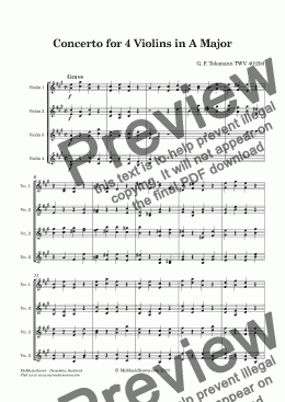 page one of Telemann Concerto for 4 Violins in A major TWV 40:204