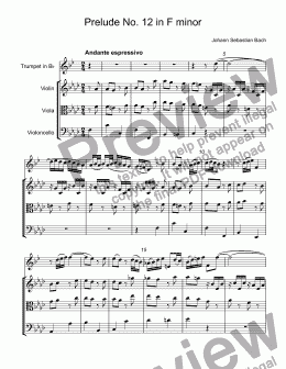 page one of Bach, Johann - Prelude No. 12 in F minor for trumpet Bb & stings  trio