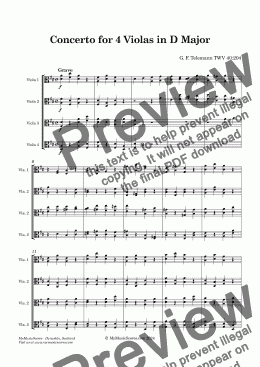 page one of Telemann Concerto in D TWV 40:204 for 4 Violas