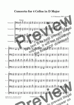 page one of Telemann Concerto in D TWV 40:204 for 4 Cellos