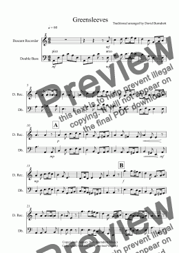 page one of Greensleeves for Descant Recorder and Double Bass Duet