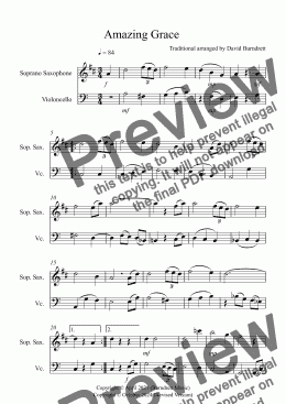 page one of Amazing Grace for Soprano Saxophone and Cello Duet