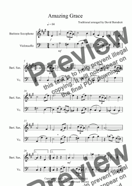 page one of Amazing Grace for Baritone Saxophone and Cello Duet