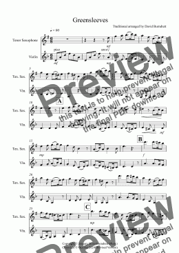 page one of Greensleeves for Tenor Saxophone and Violin Duet