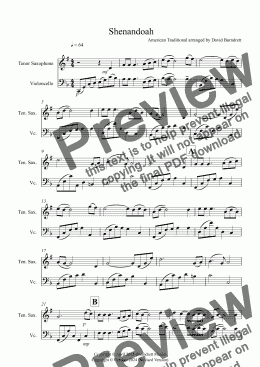 page one of Shenandoah for Tenor Saxophone and Cello Duet