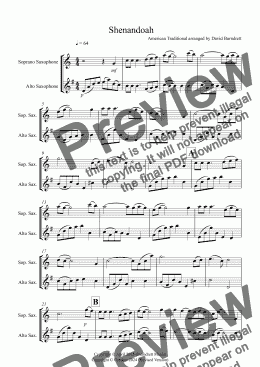 page one of Shenandoah for Soprano and Alto Saxophone Duet