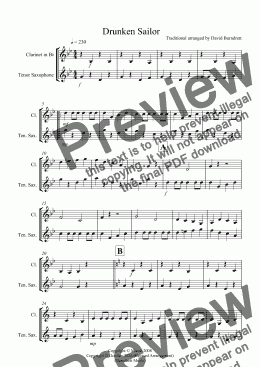 page one of Drunken Sailor for Clarinet and Tenor Saxophone Duet