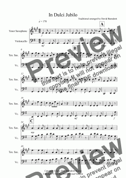 page one of In Dulci Jubilo for Tenor Saxophone and Cello Duet