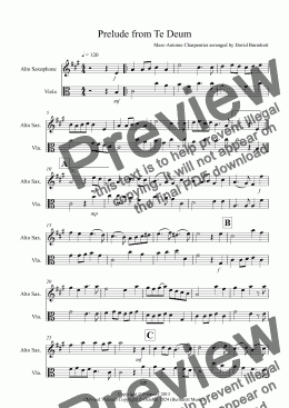 page one of Prelude from Te Deum for Alto Saxophone and Viola Duet