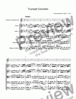 page one of Albinoni, Tomaso - Trumpet Concerto No.3, Op.7, I.Allegro for trumpet piccolo Bb & string orchestra