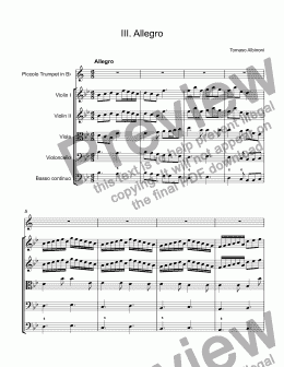 page one of Albinoni, Tomaso - Trumpet Concerto No.3, Op.7, III.Allegro for trumpet piccolo Bb & string orchestra