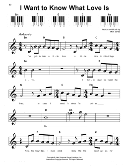 page one of I Want To Know What Love Is (Super Easy Piano)