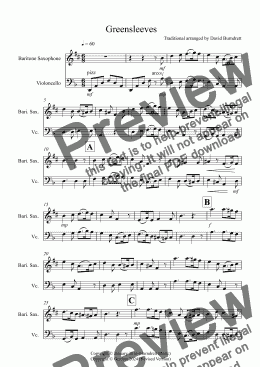 page one of Greensleeves for Baritone Saxophone and Cello Duet