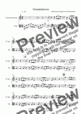 page one of Greensleeves for Descant Recorder and Viola Duet