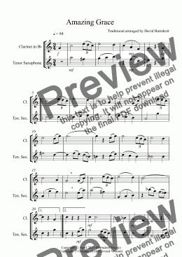 page one of Amazing Grace for Clarinet and Tenor Saxophone Duet