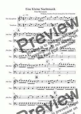 page one of Eine Kleine Nachtmusik (1st movement) for Alto Saxophone and Trombone Duet