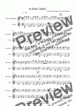 page one of In Dulci Jubilo for Tenor Saxophone and Violin Duet