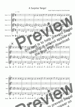 page one of A Surprise Tango! for Beginner and more Advanced Horn Quartet