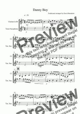 page one of Danny Boy for Clarinet and Tenor Saxophone Duet