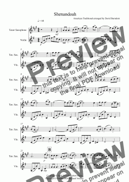 page one of Shenandoah for Tenor Saxophone and Violin Duet