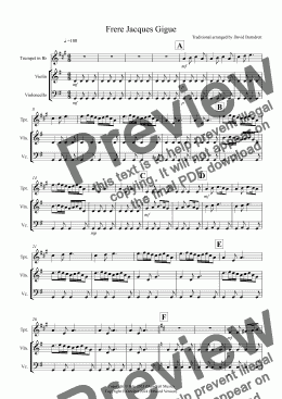 page one of Frere Jacques Gigue! for Trumpet, Violin and Cello Trio