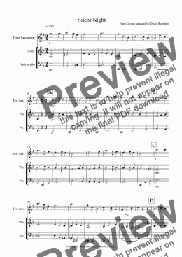 page one of Silent Night for Tenor Saxophone, Violin and Cello Trio