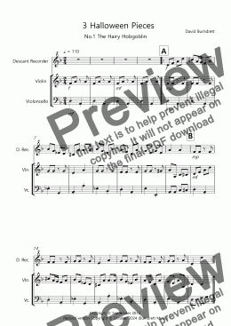 page one of 3 Halloween Pieces for Descant Recorder, Violin and Cello Trio