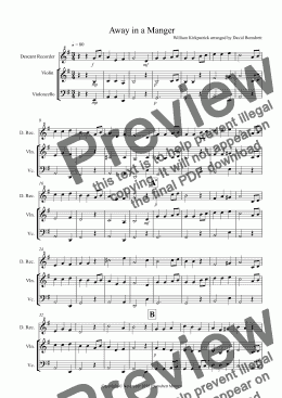 page one of Away in a Manger for Descant Recorder, Violin and Cello Trio