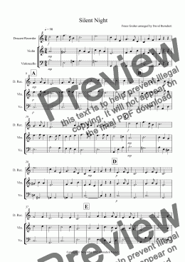 page one of Silent Night for Descant Recorder, Violin and Cello Trio