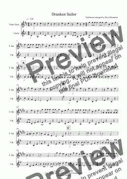 page one of Drunken Sailor for Tenor Horn and Violin Duet