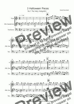 page one of 3 Halloween Pieces for Flute, Alto Saxophone and Trombone Trio