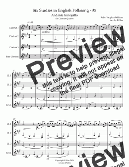 page one of Six Studies in English Folksong - #5 Andante tranquillo for Clarinet Quartet