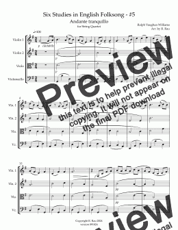 page one of Six Studies in English Folksong - #5 Andante tranquillo for String Quartet