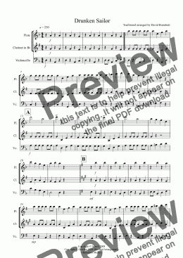 page one of Drunken Sailor for Flute, Clarinet and Cello Trio