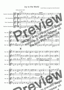 page one of Joy to the World (Jazzy Style!) for Saxophone Quartet