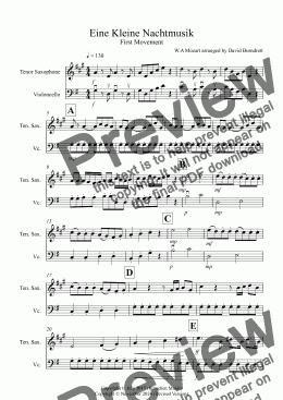 page one of Eine Kleine Nachtmusik (1st movement) for Tenor Saxophone and Cello Duet