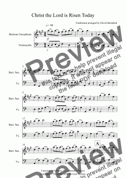 page one of Christ the Lord is Risen Today for Baritone Saxophone and Cello Duet