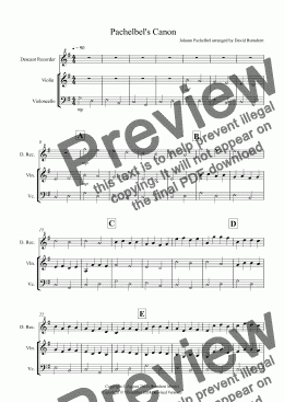 page one of Pachelbel's Canon for Descant Recorder, Violin and Cello Trio