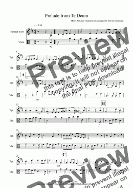 page one of Prelude from Te Deum for Trumpet and Viola Duet