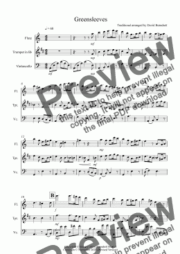 page one of Greensleeves for Flute, Trumpet and Cello Trio