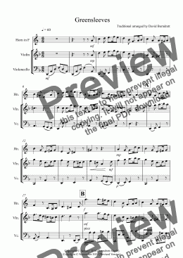 page one of Greensleeves for Horn, Violin and Cello Trio