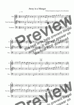 page one of Away in a Manger for Flute, Tenor Saxophone and Trombone Trio