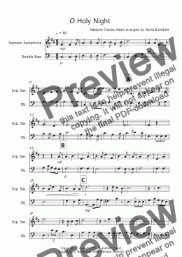 page one of O Holy Night for Soprano Saxophone and Double Bass Duet