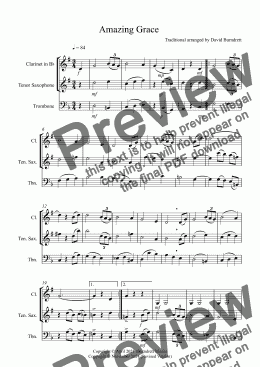 page one of Amazing Grace for Clarinet, Tenor Saxophone and Trombone Trio