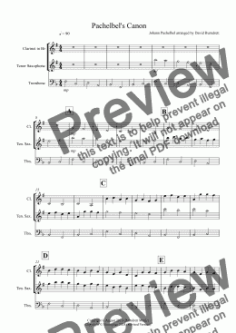 page one of Pachelbel's Canon for Clarinet, Tenor Saxophone and Trombone Trio