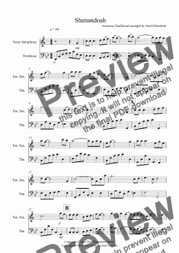 page one of Shenandoah for Tenor Saxophone and Trombone Duet