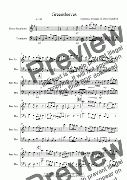 page one of Greensleeves for Tenor Saxophone and Trombone Duet