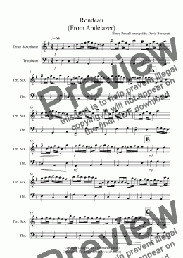 page one of Rondeau (From Abdelazer) for Tenor Saxophone and Trombone Duet