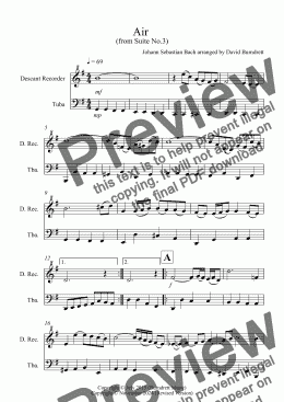 page one of Air on a G String for Descant Recorder and Tuba Duet